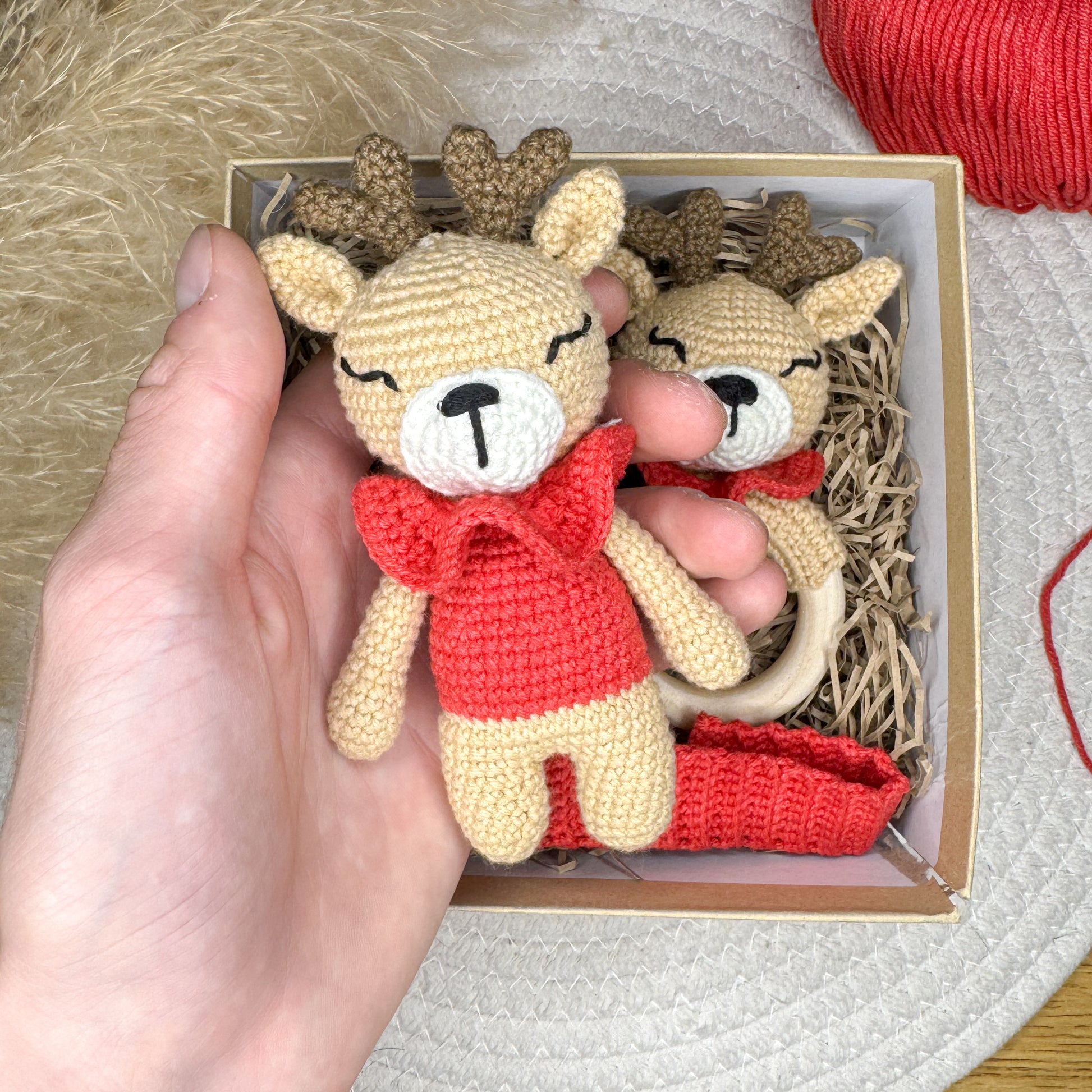 Handmade Crochet Deer Baby Gift Set - Soft Toy, Rattle & Pacifier Clip, Eco-Friendly Newborn Gift