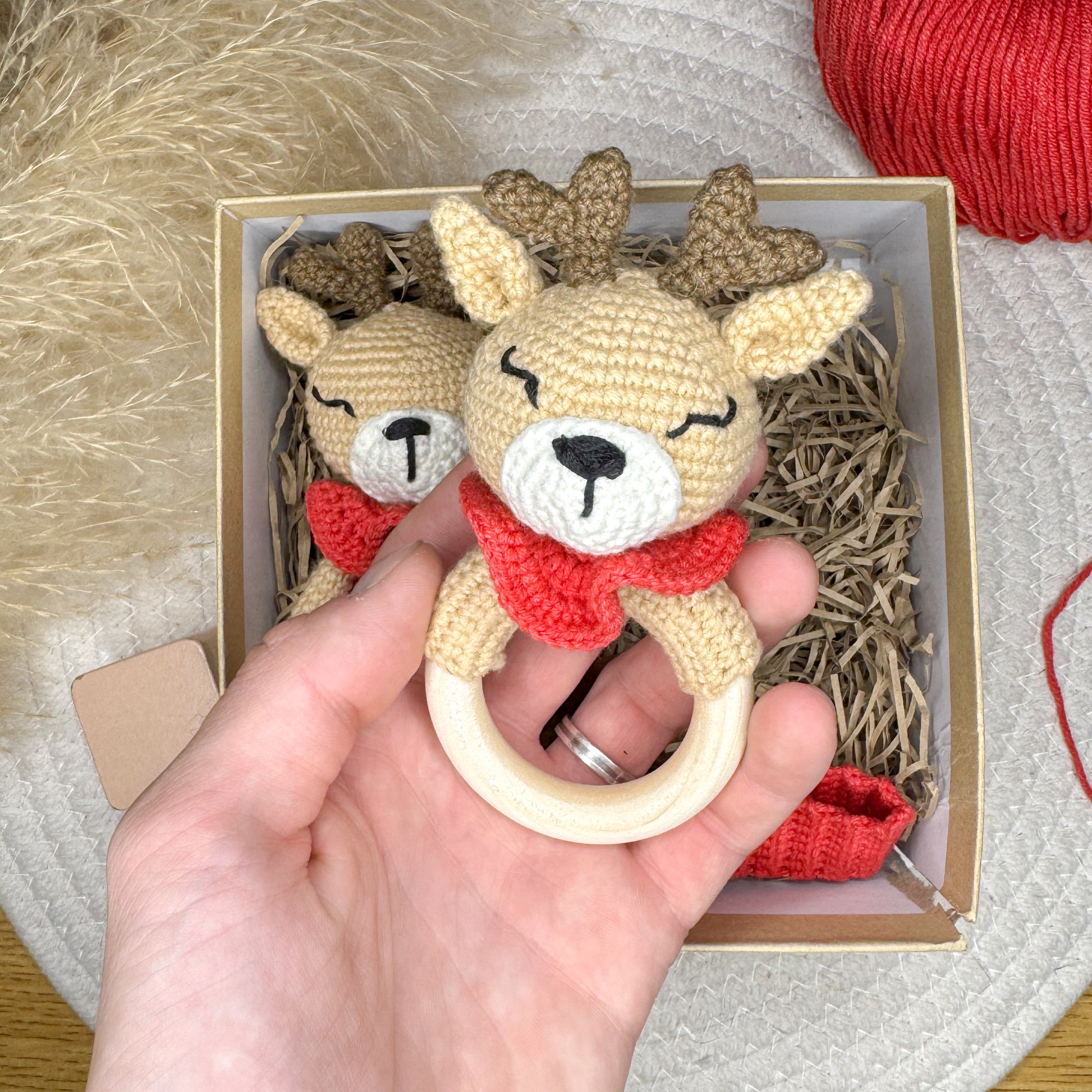 Handmade Crochet Deer Baby Gift Set - Soft Toy, Rattle & Pacifier Clip, Eco-Friendly Newborn Gift