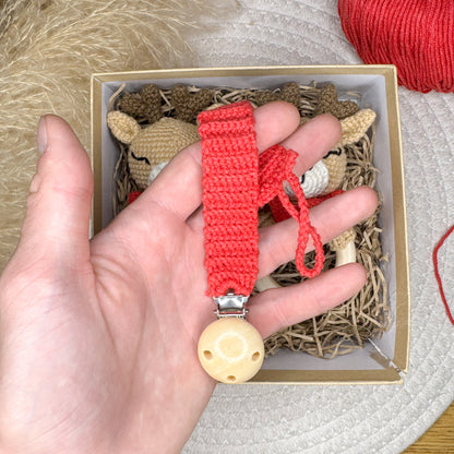 Handmade Crochet Deer Baby Gift Set - Soft Toy, Rattle & Pacifier Clip, Eco-Friendly Newborn Gift