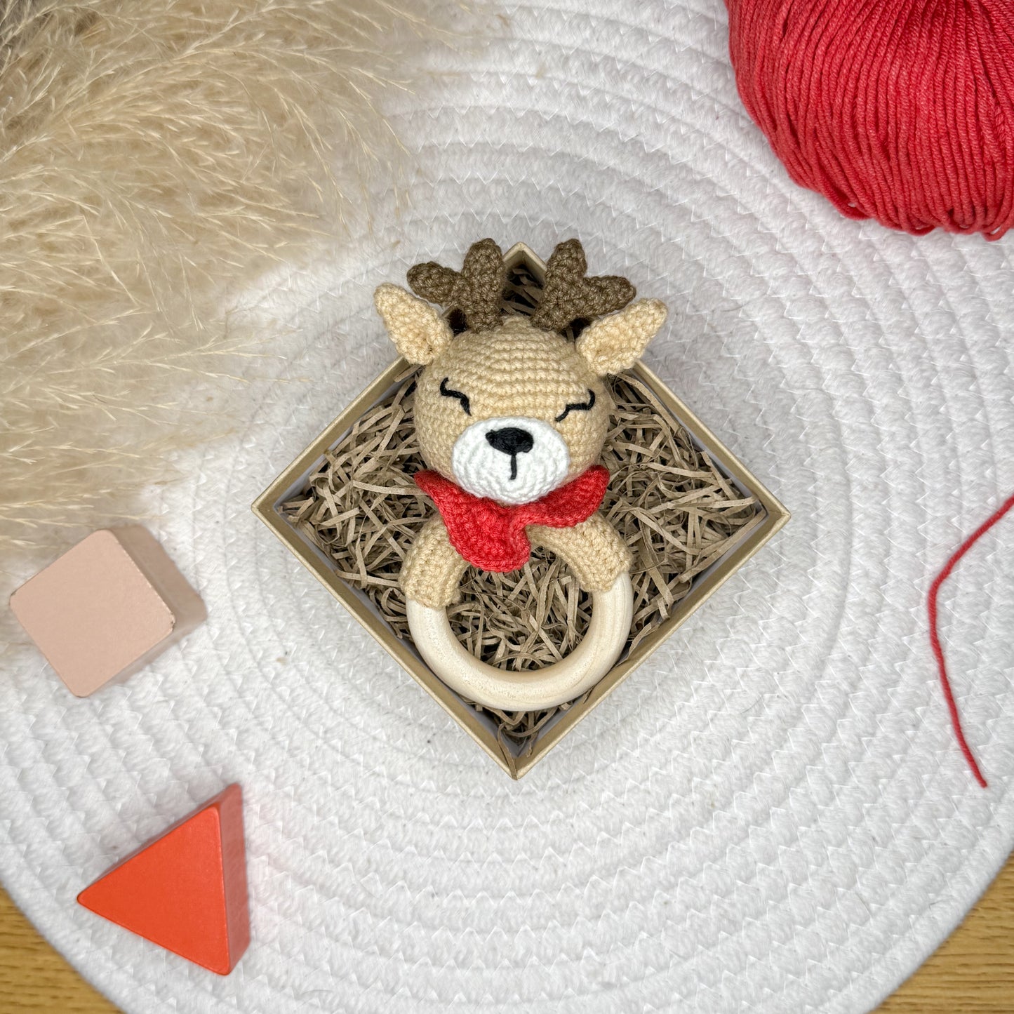 Handmade Crochet Deer Rattle Toy - Soft, Eco-Friendly Baby Gift, Newborn Sensory Toy