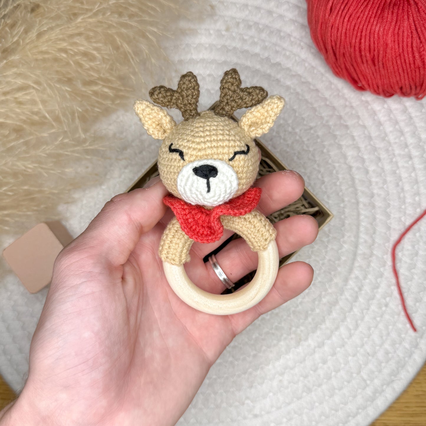 Handmade Crochet Deer Rattle Toy - Soft, Eco-Friendly Baby Gift, Newborn Sensory Toy